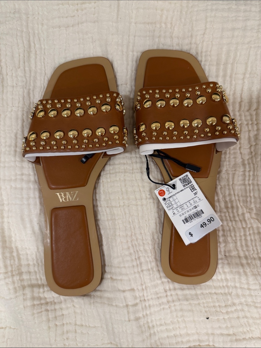ZARA Brown Slide Sandals with Gold Studs